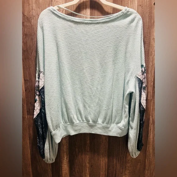 Free People Casual Clash Top Teal Blue Lace Long Sleeve Sz Small Women’s - Picture 5 of 5